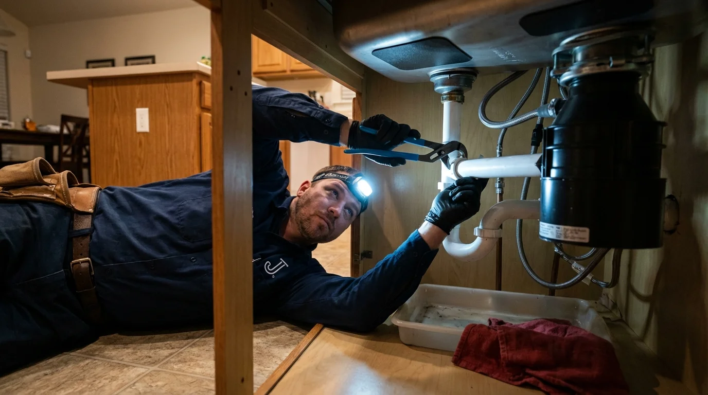 P-trap and supply line connections under a kitchen sink showing a common leak point in Clifton, CO